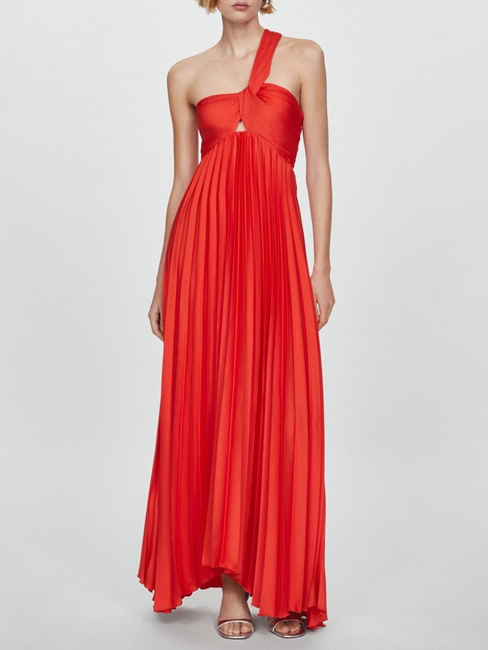 Mango One-Shoulder Coral-Red Pleated Maxi Dress